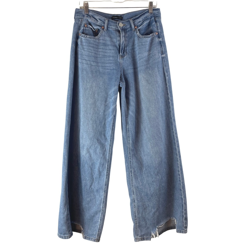 Sincerely Jules Wide Leg Jeans 9/29 Blue Raw Hem High Rise Distressed Baggy Y2K